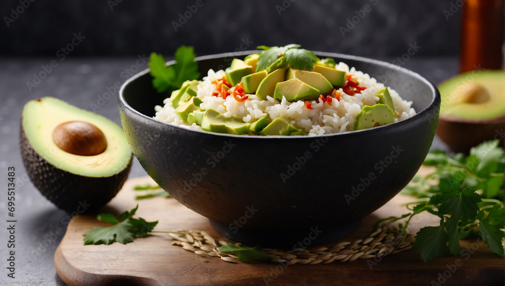 Bowl with rice and avocado in a dark deep dish. Asian food
