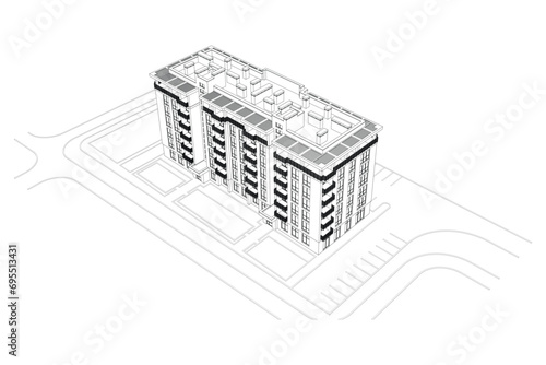 Vector architectural project of a multistory building, aerial view	
