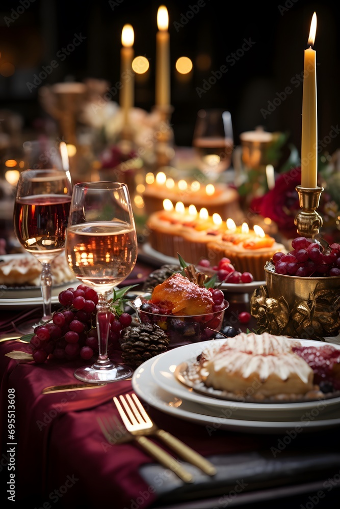 Festive table setting with wine and desserts. Selective focus.