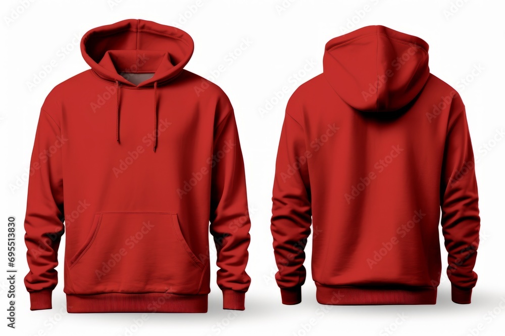 Blank red hoodie in front and back view, mockup, white background - obrazy, fototapety, plakaty 