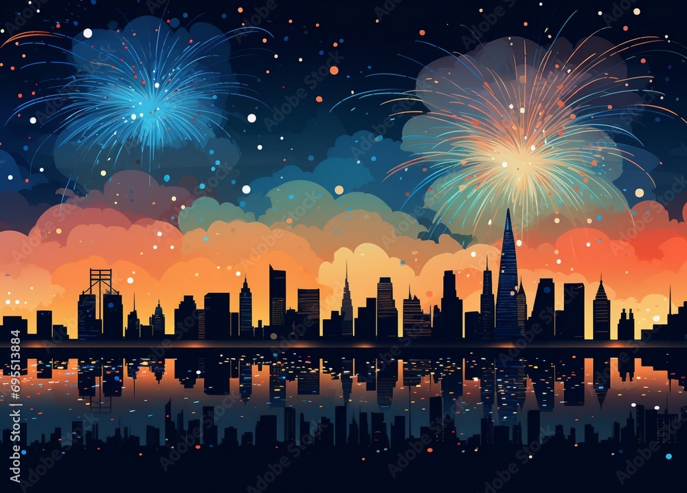 Fireworks and New York City skyline background, Happy New Year