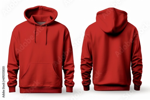 Blank red hoodie in front and back view, mockup, white background