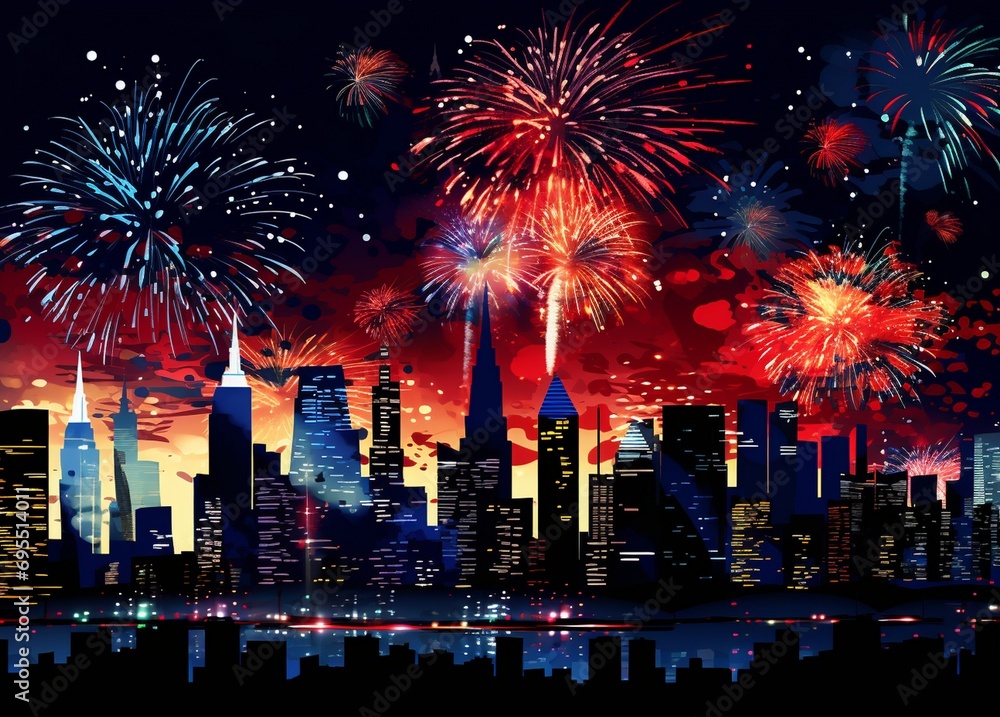 Cityscape with fireworks in the night sky background. Fireworks over the city