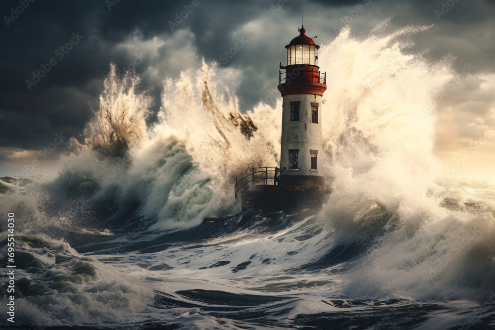 A lighthouse in a stormy sea, depicting the beautiful force of nature