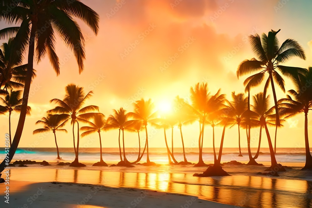 Golden sun rays streaming through the leaves of coconut palms on a serene beach in the Hawaii Islands, creating a warm and magical ambiance