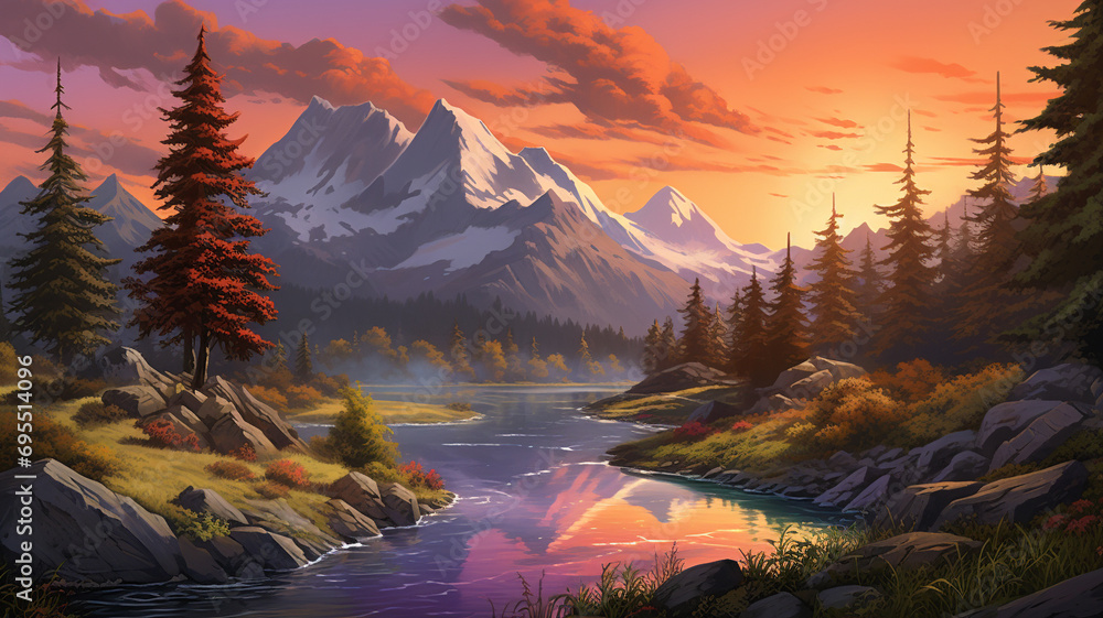 The serene beauty of mountains at sunset during the summer, with the sky ablaze in warm colors and the silhouette of rugged peaks creating a picturesque and realistic scene in high definition. - obrazy, fototapety, plakaty 