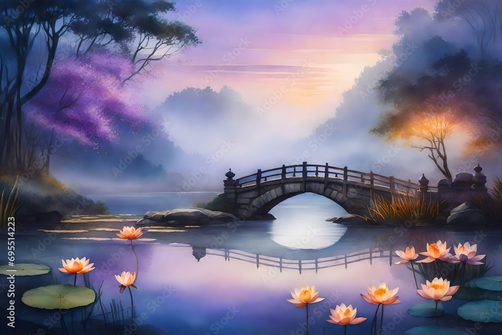 An ethereal pond scene at twilight, the sky painted with hues of lavender and orange, lotus flowers blooming in the water, an ancient stone bridge connecting two realms