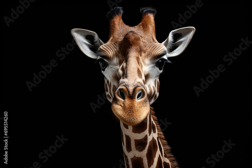 Portrait of a giraffe against a black background