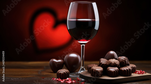 Promotional shot of glass of red wine, heart-shaped chocolates, valentine's day, glow, on a clean background