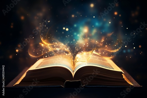 Magic Book With Open Pages And Abstract Lights Shining In Darkness - Literature And Fairytale Concept