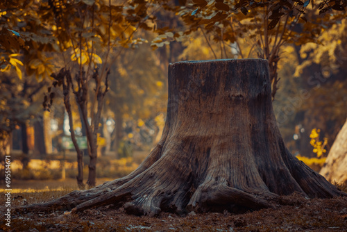 Fototapeta Naklejka Na Ścianę i Meble -  tree stump looking regal even though tree has been cut down, squirrel climbing on old tree stump, a lone tree stump in forest surrounded by beautiful golden leaves 