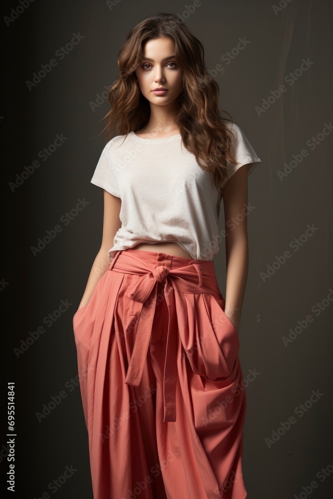 a stylish woman confidently rocks long peach-colored trousers a stylish woman confidently rocks long peach-colored trousers