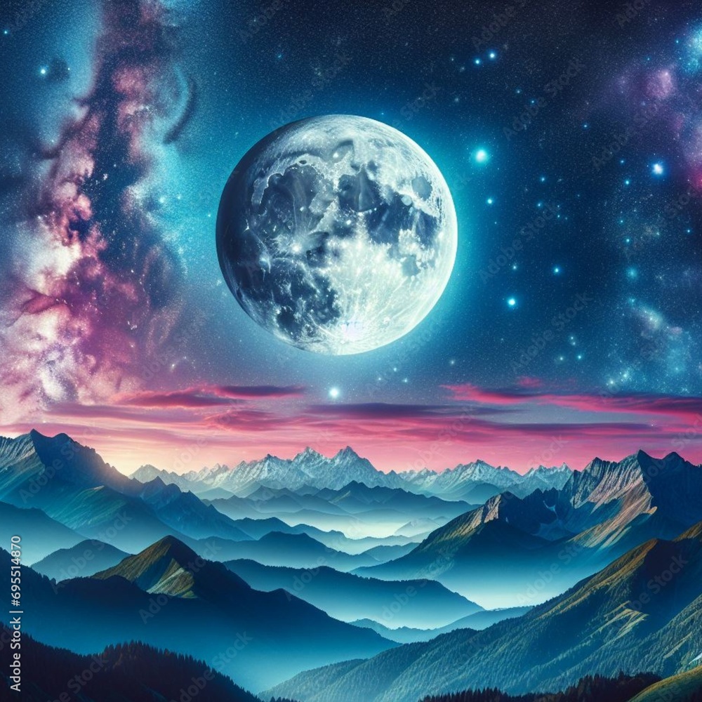 Moon, sea of ​​mountains, stars, nebulae, space , Ai generated