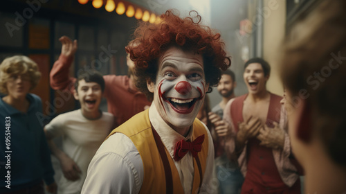 A clown making people laugh with comedic antics. © Denis Bayrak
