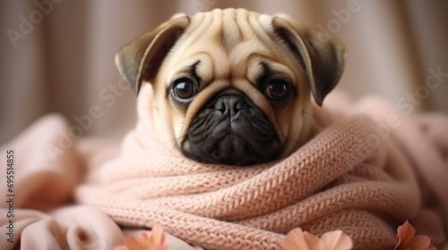 cute small pug in a peach-colored scarf against a background of cream-colored silk fabric, banner, copy space photo
