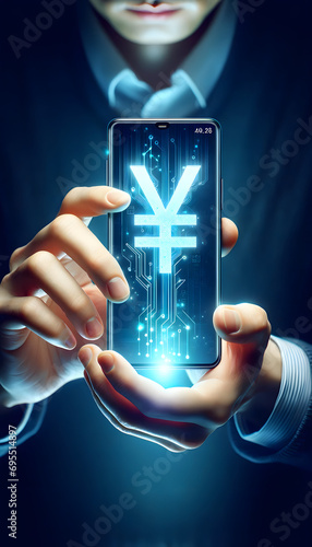 Obraz na płótnie futuristic digital currency exchange scene, where seamless transactions unfold with a holographic touch on a glowing smartphone w salonie