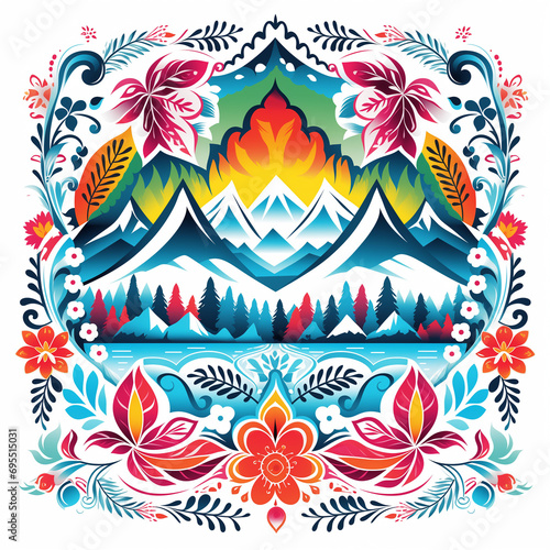 Polish Folk Art Illustration  Vibrant Glacier Scene with Intricate Patterns