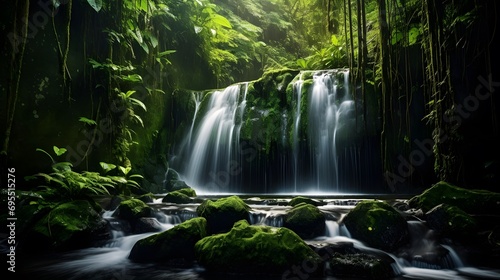 Panorama of a waterfall in a green forest. Long exposure. © Iman