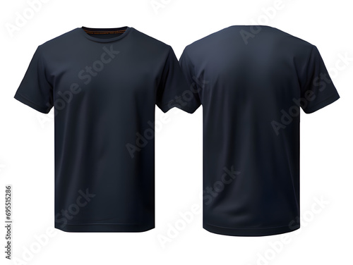 Two blue navy t-shirt without wrinkles, on a perfect white background, one front side and the back side