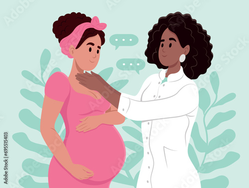 Endocrinologist examining thyroid gland of pregnant woman. Endocrinologist deal with the diagnosis and treatment of the human thyroid gland. Hypothyroidism, hyperthyroidism concept. World Thyroid Day.