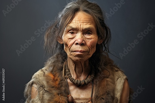 Portrait of a Neanderthal, cave primitive elderly woman. Stone Age, history of human evolution #695515437