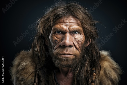 Portrait of a Neanderthal, cave primitive man. Stone Age, history of human evolution