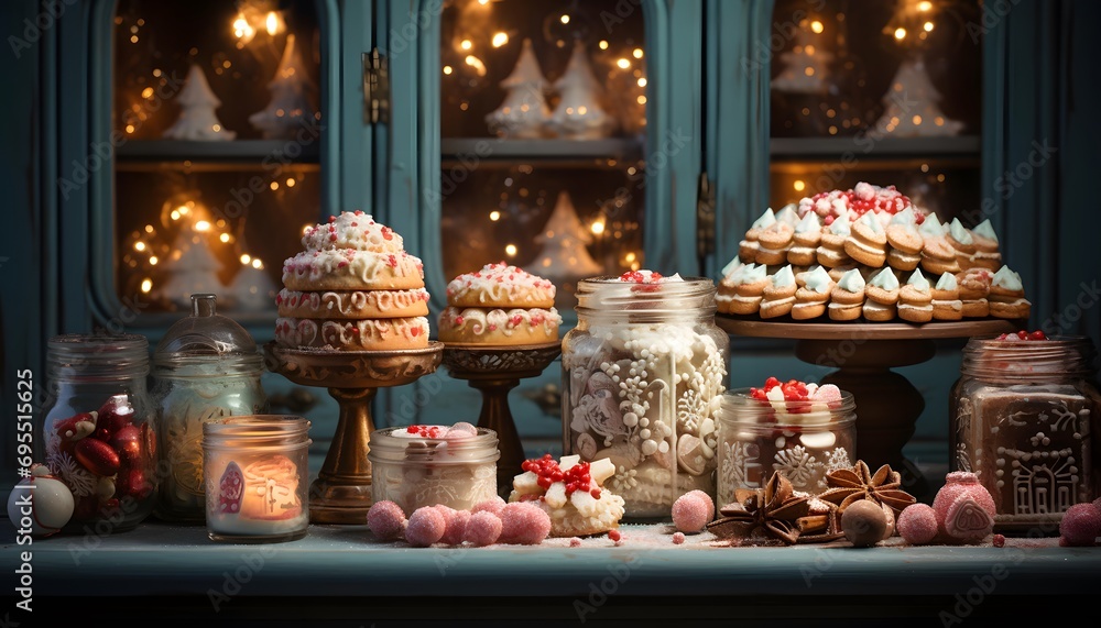 Christmas and New Year sweets in the shop window. Selective focus.