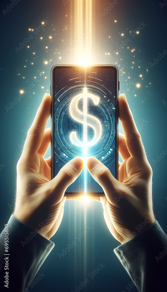 Step into the future of finance with a captivating scene depicting seamless online payments and currency exchange. Experience the convergence of technology as a smartphone illuminates with a holograph