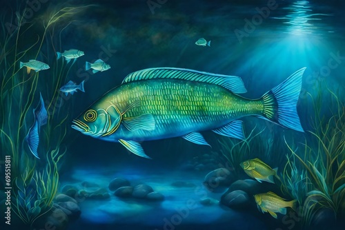 Bioluminescent fish navigating a dark riverbed, their radiant glow illuminating the underwater world, surrounded by aquatic plants and mysterious shadows © usama