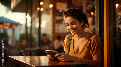 woman smiling with a cell phone in a cafe