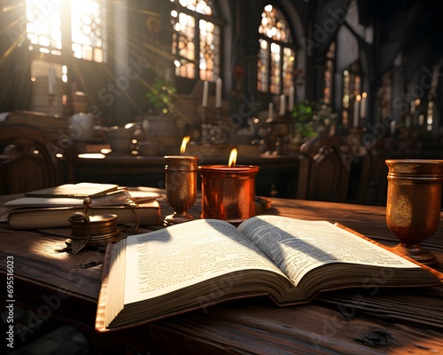 Open book on the table in the old church. 3d rendering © Iman