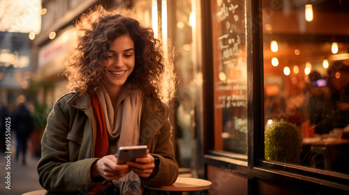 smiling woman using her cell phone outdoors in cafe, wearing winter clothing