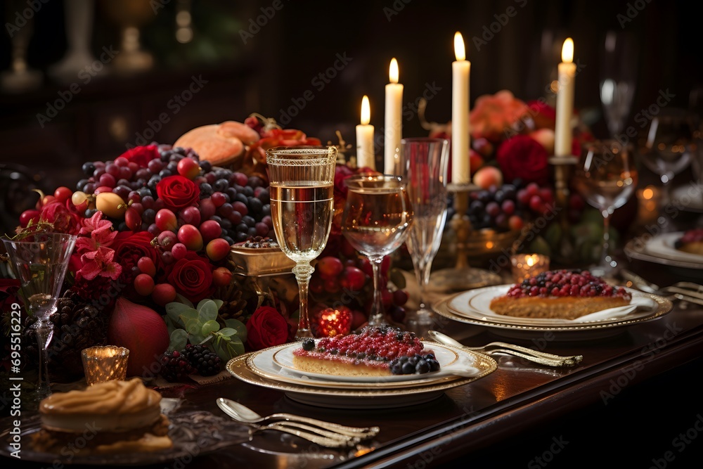 Festive table with a lot of food and wine in the restaurant