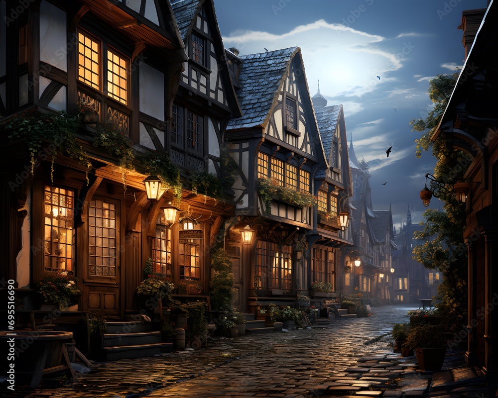 Old houses in the village at night. 3D rendering. Computer digital drawing.