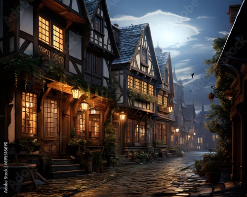 Old houses in the village at night. 3D rendering. Computer digital drawing.