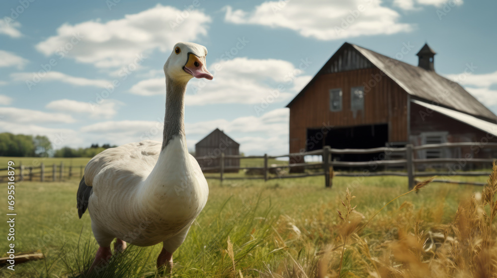 Naklejka premium Advertisingshot of goose grazes on a rural farm in a pen, green grass and blue sky at the background
