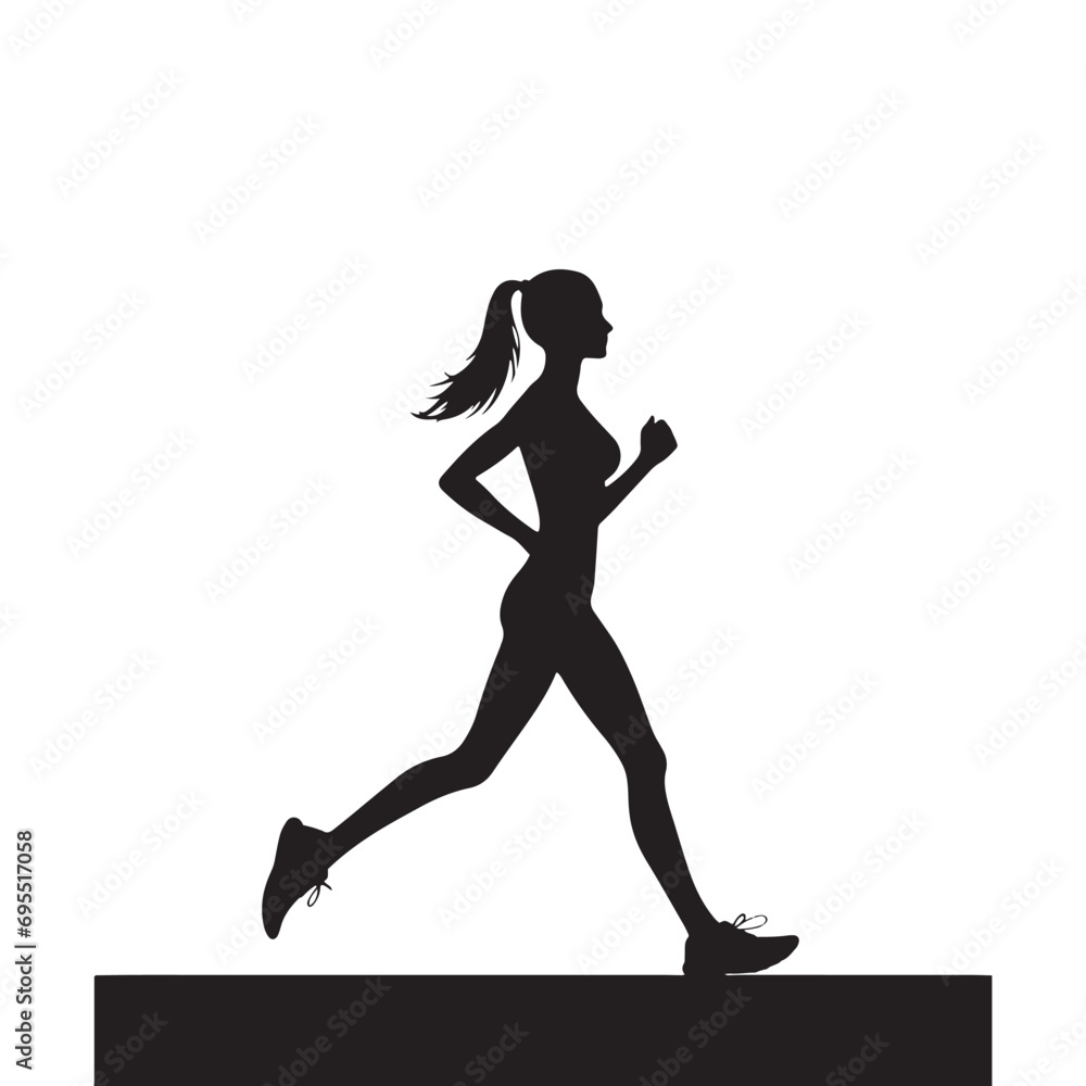 Running Girl Silhouette: Athlete in Motion, Energetic Jogger Silhouetted in Striking Pose - Minimallest running black vector lady runner Silhouette
