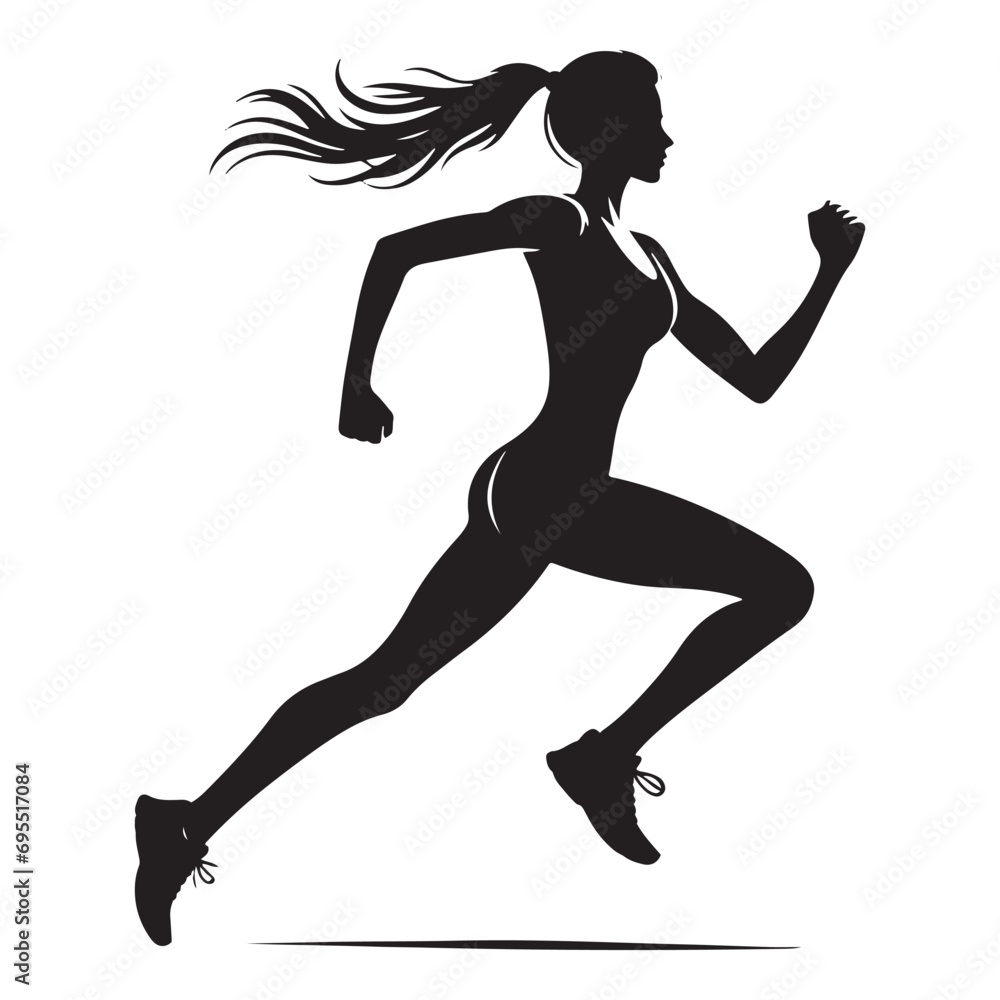 Running Girl Silhouette: Marathon Training, Silhouetted Female Runner Against Radiant Sunrise - Minimallest running black vector lady runner Silhouette
