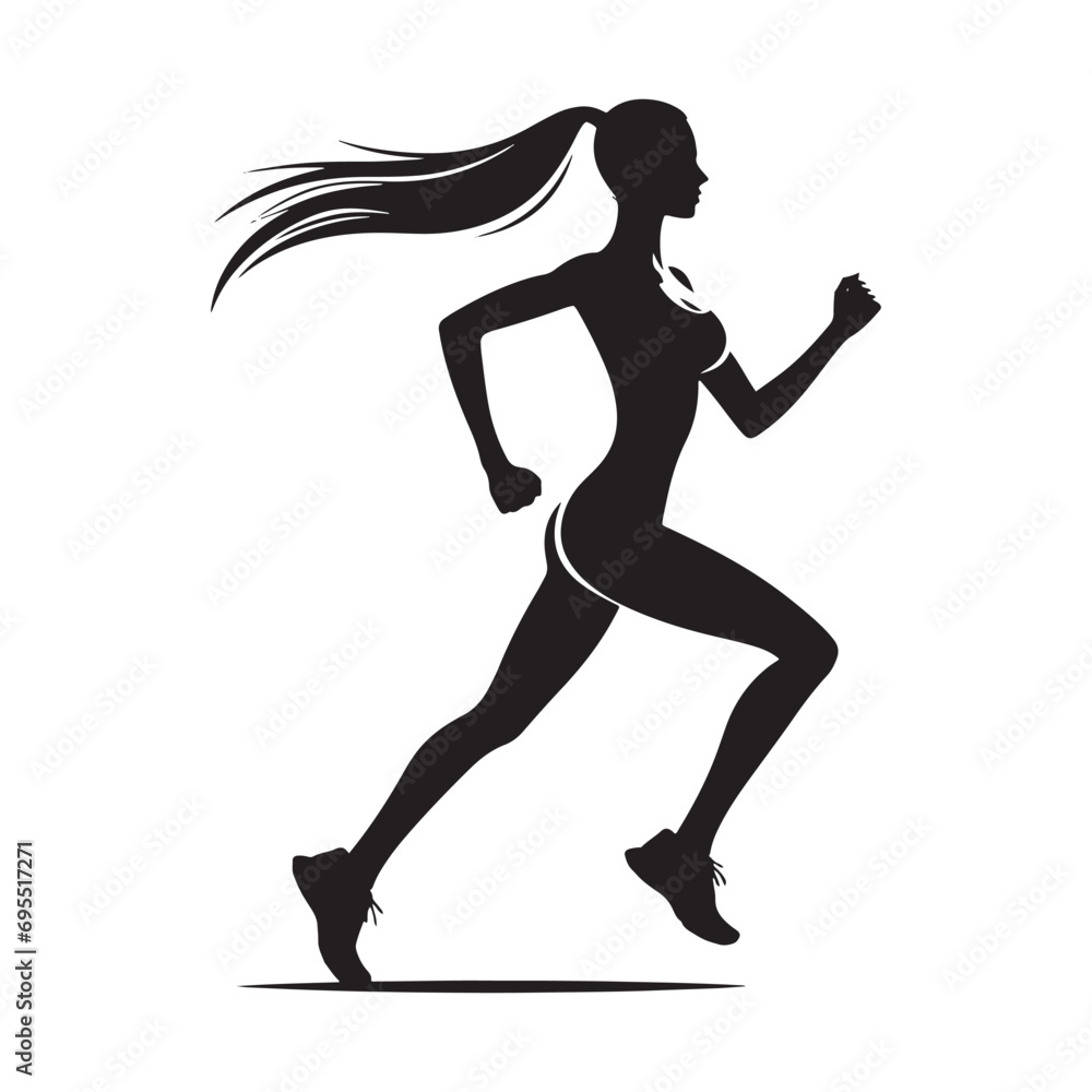 Running Girl Silhouette: Athletic Determination, Dynamic Jogger Silhouetted Against Vivid Sky - Minimallest running black vector lady runner Silhouette
