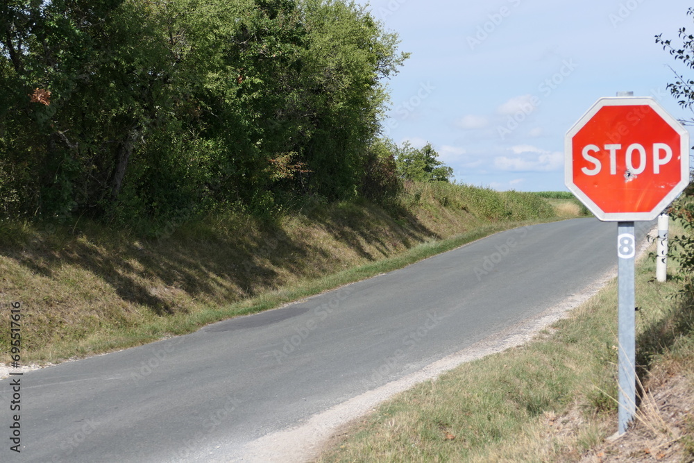 On the open roads of France during summer, a red stop sign stands against the backdrop of a clear blue sky, symbolizing a momentary pause in the journey through the sunlit landscape.
