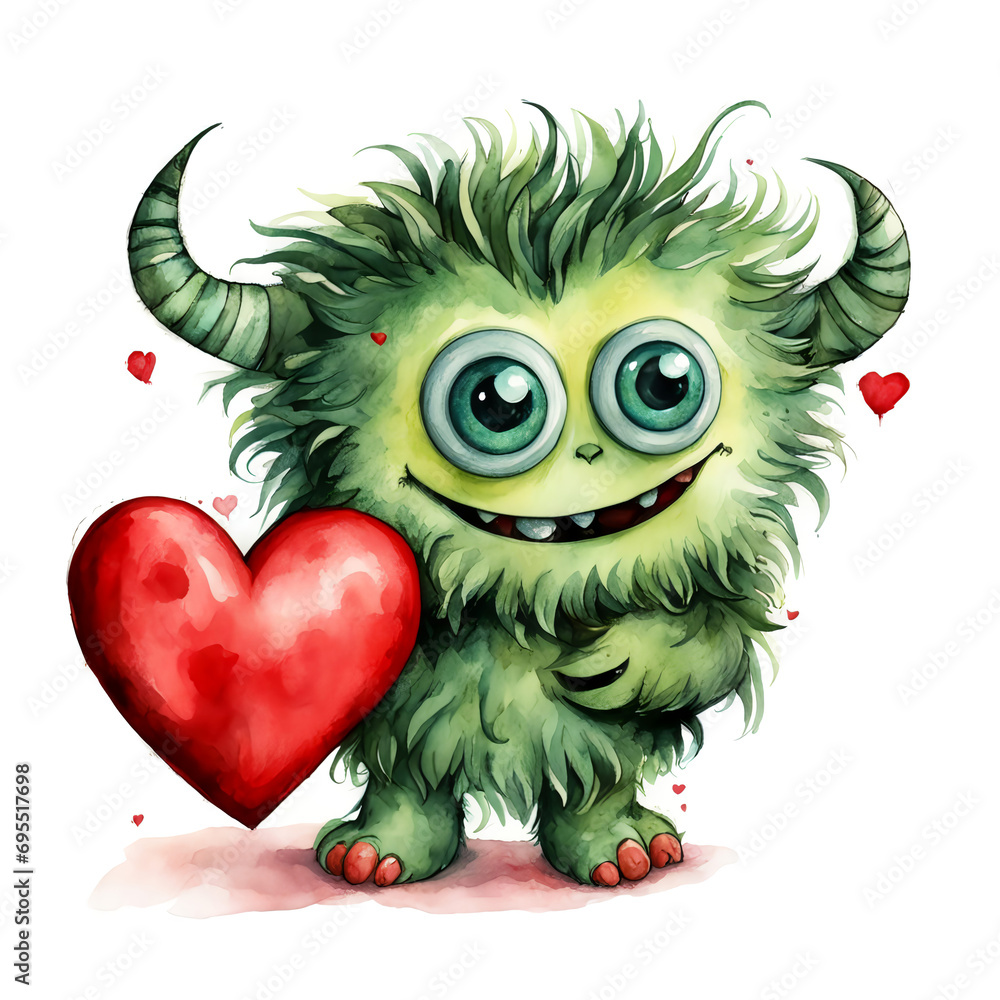 A cute watercolor monster holds a heart. Love, Valentine's Day, February 14th. artificial intelligence generator, AI, neural network image. background for the design. A cute watercolor monster holds a heart. Love, Valentine's Day, February 14th. artificial intelligence generator, AI, neural network image. background for the design.