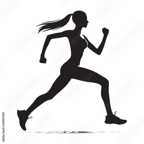 Running Girl Silhouette: Marathon Runner in Action, Capturing the Essence of Health and Active Lifestyle - Minimallest running black vector lady runner Silhouette
