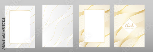 Technology cover and frame design set. Luxury white and gold line pattern, abstract guilloche curves backdrop for A4 brochure, catalog, business layout, digital certificate, elegant menu. Vector 