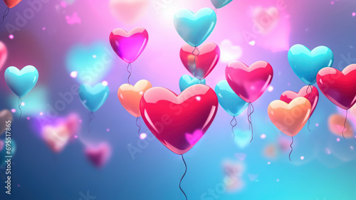 Balloons in the shape of hearts on a bright colored background, confetti, glow