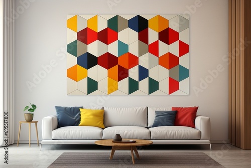 A minimalist living room with a 3D intricate colorful wall depicting a geometric optical art pattern.