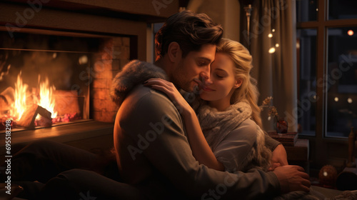 A couple cuddling by a fireplace.
