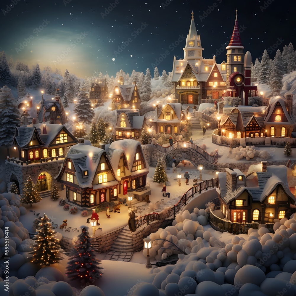 Christmas village with houses and trees covered with snow at night. 3d illustration