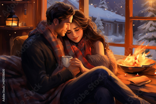 Cozy Winter Evening: A couple wrapped in blankets, sipping hot drinks by the fireplace on a winter evening. Love, Couple