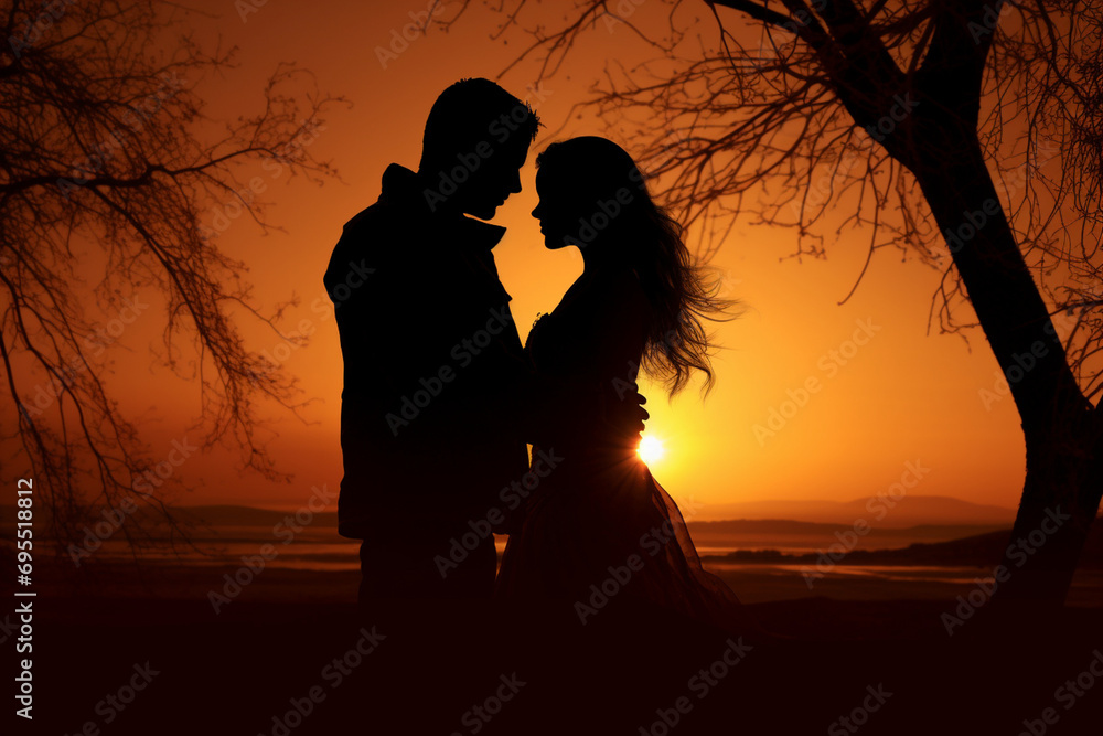 Lovers' Silhouettes at Sunset: A romantic scene of a couple's silhouettes standing close, capturing a moment of shared affection during a sunset. Love,