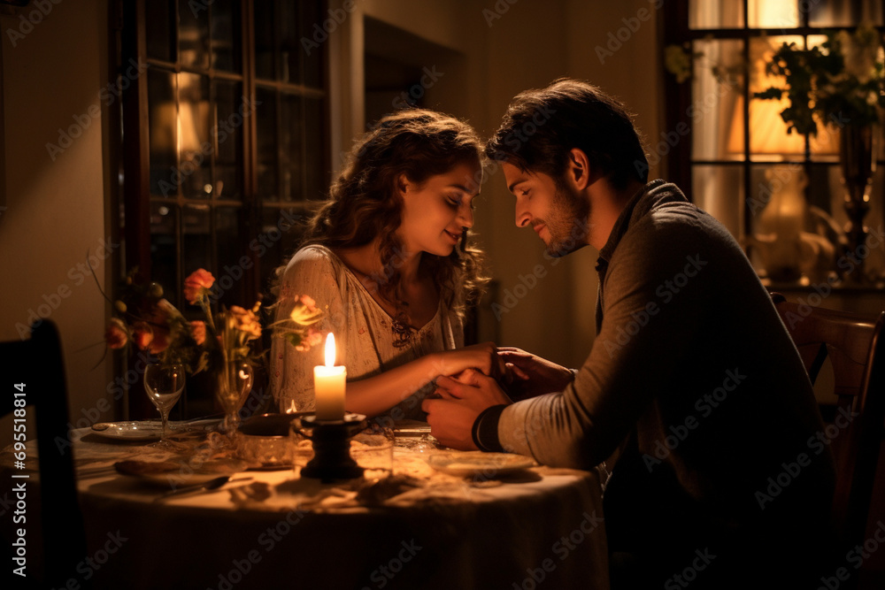 Romantic Candlelit Dinner: An intimate scene of a couple sharing a candlelit dinner, portraying the romantic ambiance and connection between them. Love, Couple Romantic Candlelit Dinner: An intimate scene of a couple sharing a candlelit dinner, portraying the romantic ambiance and connection between them. Love, Couple